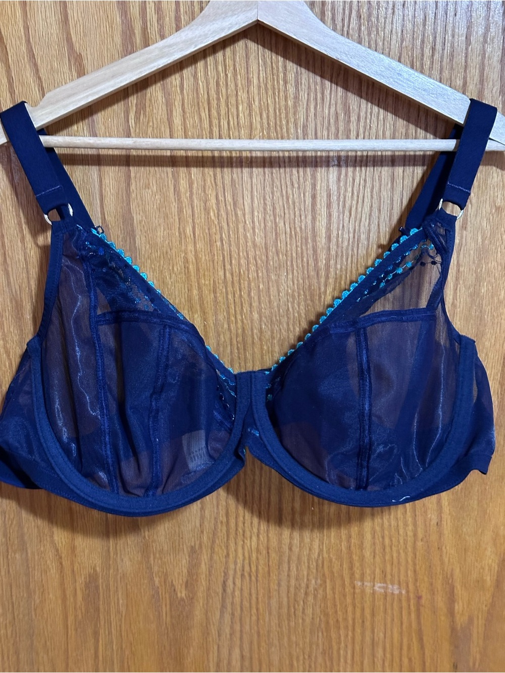 Elomi Matilda Navy Sheer Underwire Bra with Teal Accent Sz 46DD